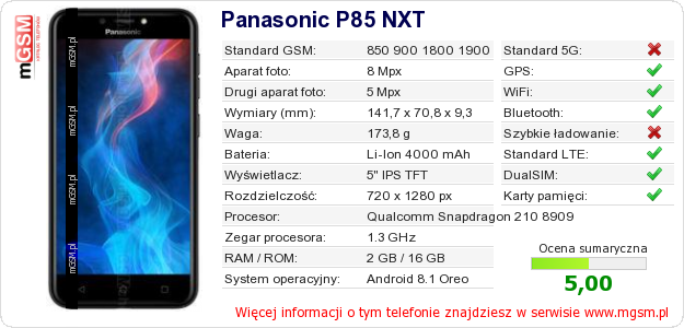 Dane telefonu Panasonic P85 NXT