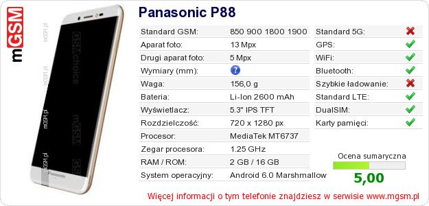 Dane telefonu Panasonic P88 Dane telefonu Panasonic P88