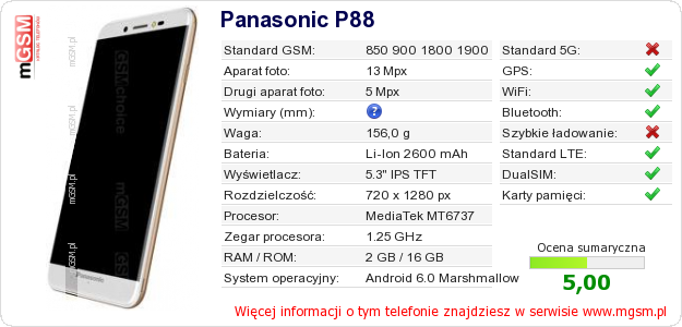 Dane telefonu Panasonic P88 Dane telefonu Panasonic P88