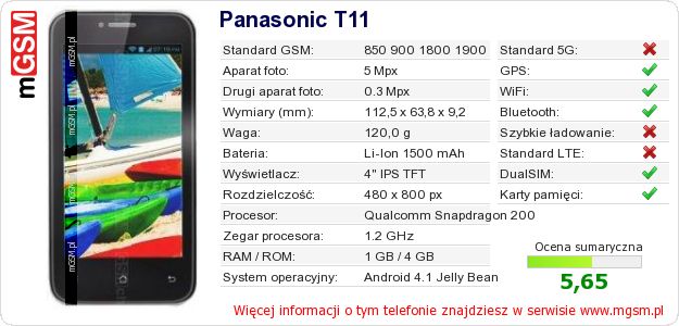 Dane telefonu Panasonic T11