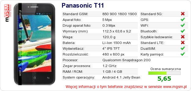 Dane telefonu Panasonic T11