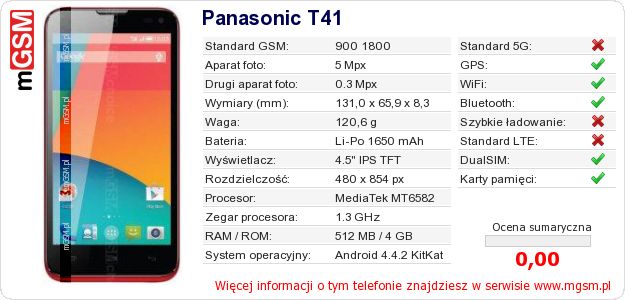 Dane telefonu Panasonic T41