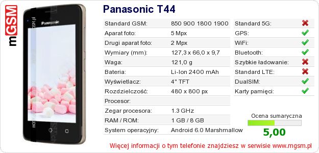 Dane telefonu Panasonic T44