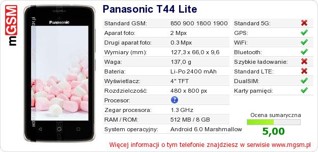 Dane telefonu Panasonic T44 Lite Dane telefonu Panasonic T44 Lite