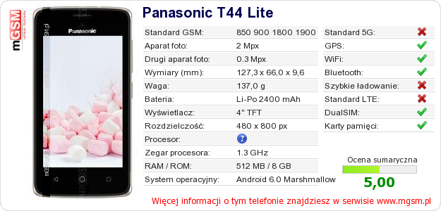 Dane telefonu Panasonic T44 Lite Dane telefonu Panasonic T44 Lite