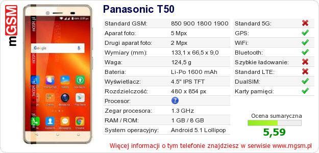 Dane telefonu Panasonic T50 Dane telefonu Panasonic T50