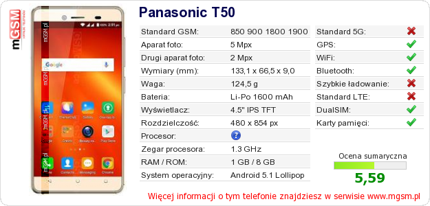 Dane telefonu Panasonic T50 Dane telefonu Panasonic T50