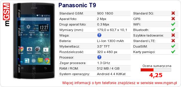 Dane telefonu Panasonic T9 Dane telefonu Panasonic T9