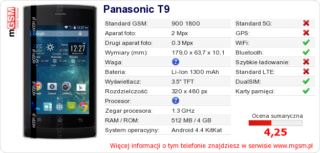 Dane telefonu Panasonic T9