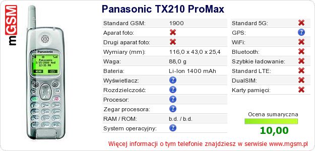 Dane telefonu Panasonic TX210 ProMax