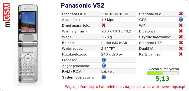 Dane telefonu Panasonic VS2 Dane telefonu Panasonic VS2