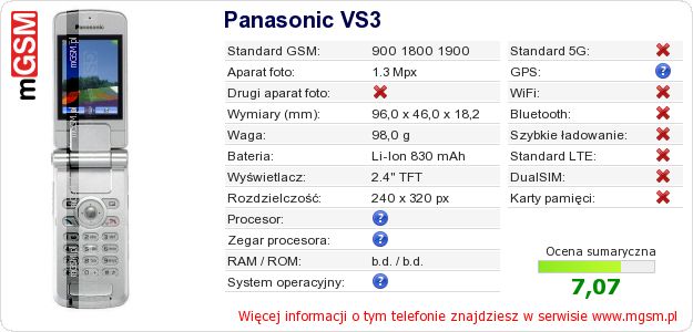 Dane telefonu Panasonic VS3 Dane telefonu Panasonic VS3
