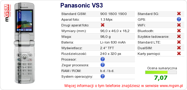 Dane telefonu Panasonic VS3