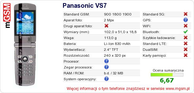Dane telefonu Panasonic VS7 Dane telefonu Panasonic VS7
