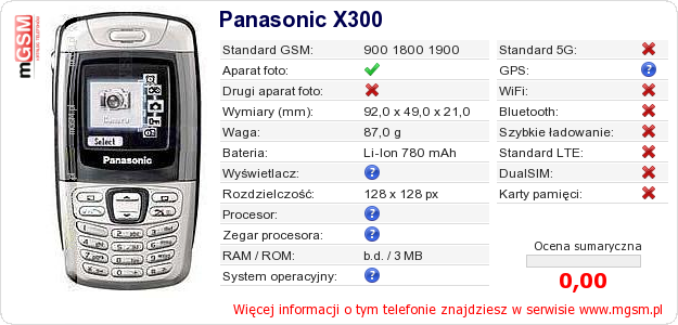 Dane telefonu Panasonic X300