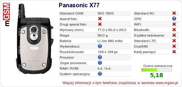 Dane telefonu Panasonic X77 Dane telefonu Panasonic X77