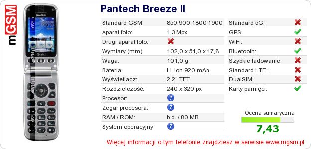 Dane telefonu Pantech Breeze II
