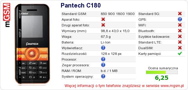 Dane telefonu Pantech C180
