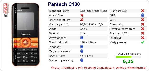Dane telefonu Pantech C180 Dane telefonu Pantech C180
