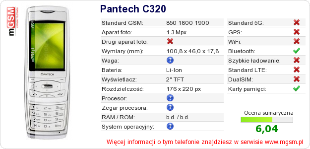 Dane telefonu Pantech C320