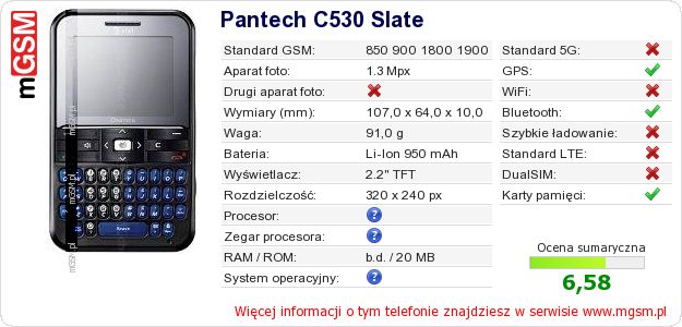 Dane telefonu Pantech C530 Slate Dane telefonu Pantech C530 Slate