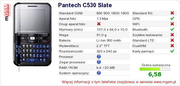 Dane telefonu Pantech C530 Slate