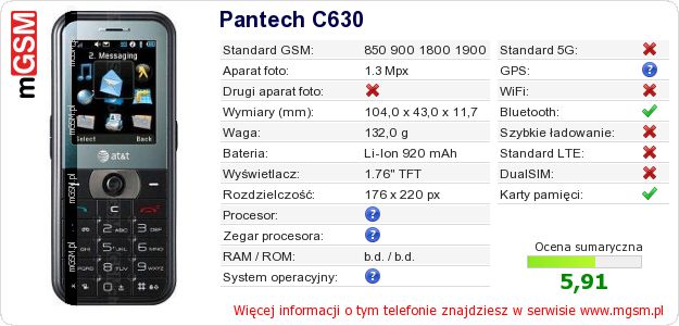 Dane telefonu Pantech C630 Dane telefonu Pantech C630
