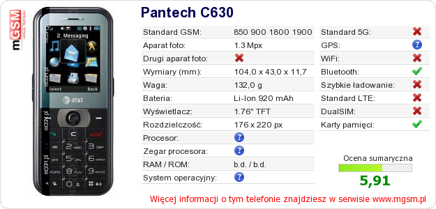 Dane telefonu Pantech C630