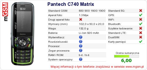 Dane telefonu Pantech C740 Matrix Dane telefonu Pantech C740 Matrix