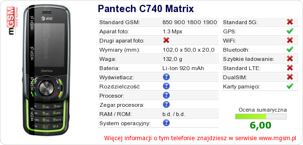 Dane telefonu Pantech C740 Matrix Dane telefonu Pantech C740 Matrix