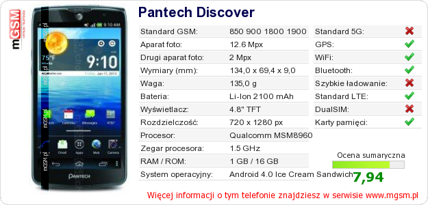 Dane telefonu Pantech Discover Dane telefonu Pantech Discover
