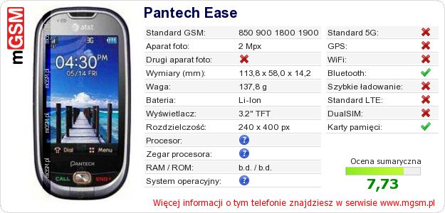 Dane telefonu Pantech Ease Dane telefonu Pantech Ease