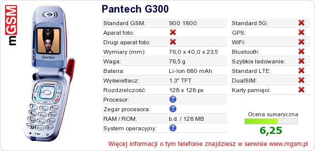 Dane telefonu Pantech G300 Dane telefonu Pantech G300