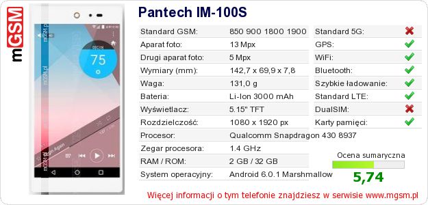 Dane telefonu Pantech IM-100S Dane telefonu Pantech IM-100S