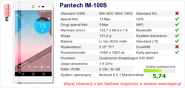 Dane telefonu Pantech IM-100S