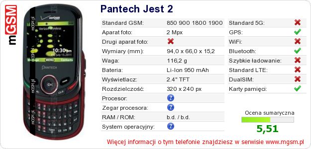 Dane telefonu Pantech Jest 2 Dane telefonu Pantech Jest 2