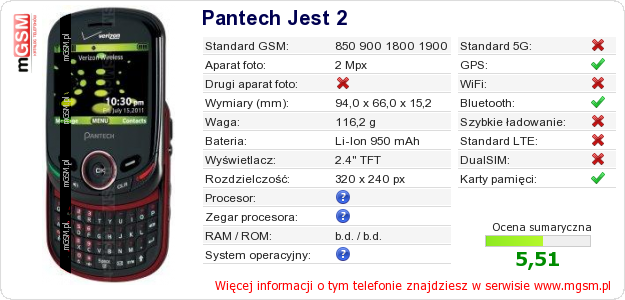 Dane telefonu Pantech Jest 2 Dane telefonu Pantech Jest 2