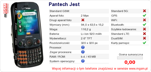 Dane telefonu Pantech Jest