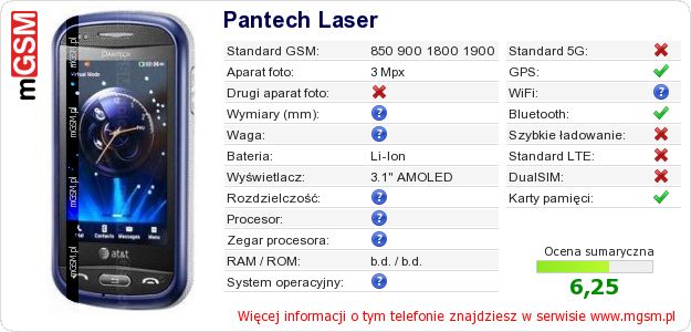 Dane telefonu Pantech Laser