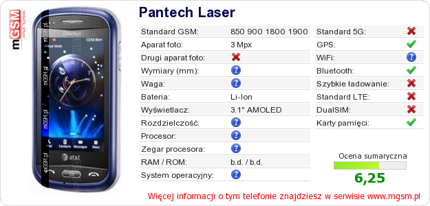Dane telefonu Pantech Laser