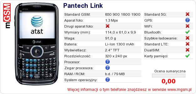 Dane telefonu Pantech Link