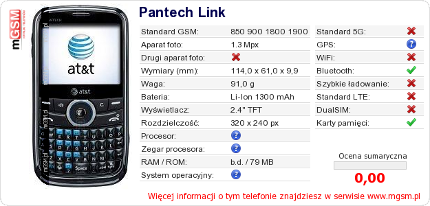 Dane telefonu Pantech Link