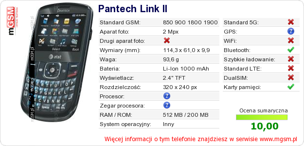 Dane telefonu Pantech Link II Dane telefonu Pantech Link II