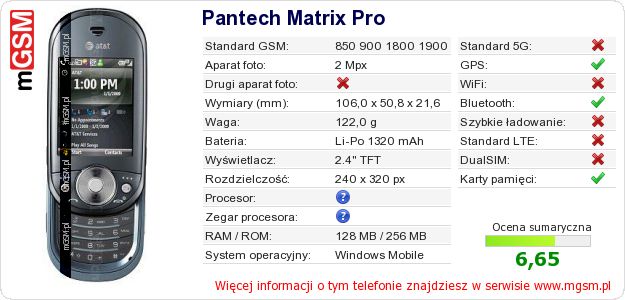 Dane telefonu Pantech Matrix Pro