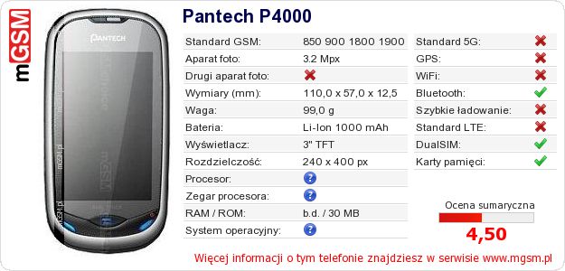 Dane telefonu Pantech P4000 Dane telefonu Pantech P4000