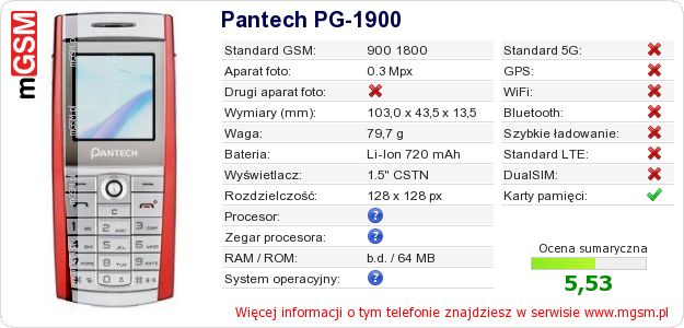 Dane telefonu Pantech PG-1900