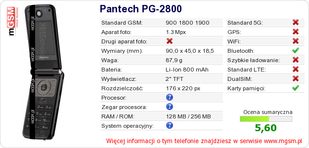 Dane telefonu Pantech PG-2800