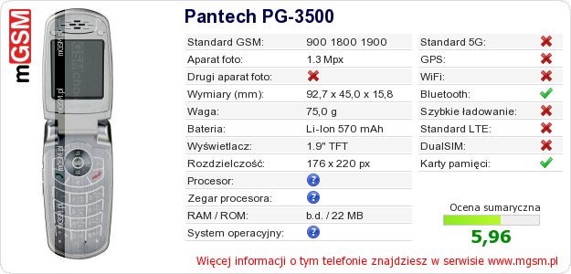 Dane telefonu Pantech PG-3500