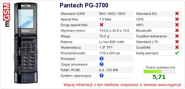 Dane telefonu Pantech PG-3700 Dane telefonu Pantech PG-3700