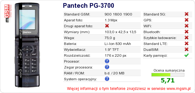 Dane telefonu Pantech PG-3700